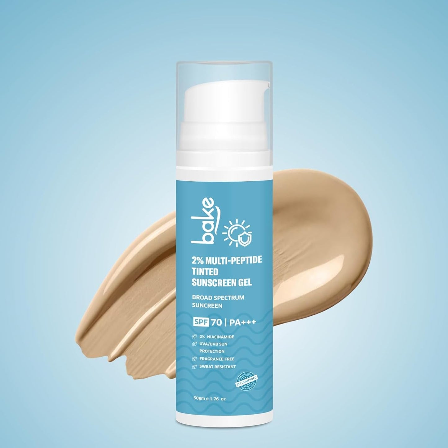 BAKE 2% Multi Peptide Tinted Sunscreen SPF 70 PA+++ with 2% Niacinamide | Water & Sweat Resistant, Broad Spectrum Sunscreen | For All Skin Types | For Men & Women - 50g