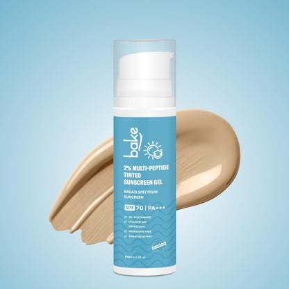 BAKE 2% Multi Peptide Tinted Sunscreen SPF 70 PA+++ with 2% Niacinamide | Water & Sweat Resistant, Broad Spectrum Sunscreen | For All Skin Types | For Men & Women - 50g