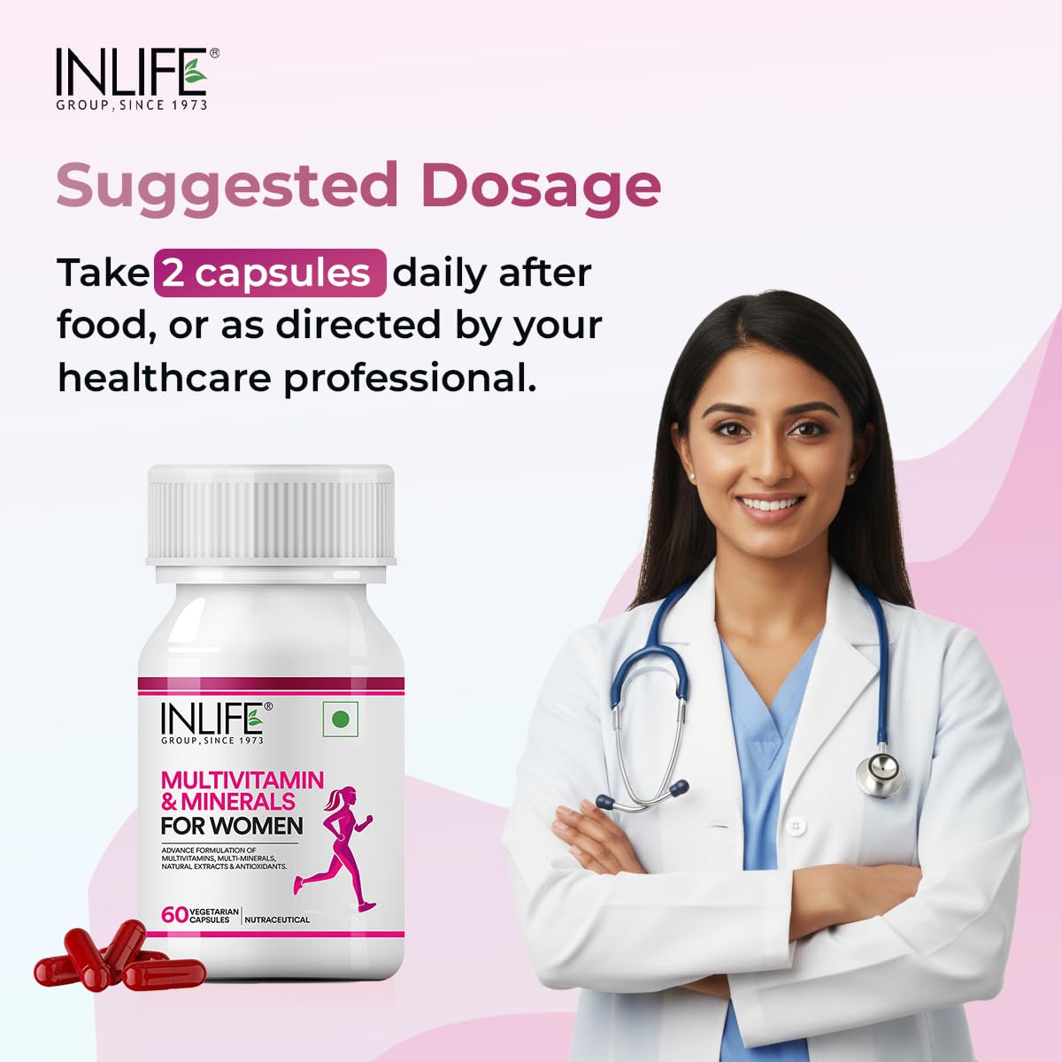 INLIFE Multivitamin for Women with Biotin, Vitamin D, Calcium, & Minerals for Energy, Hair, Skin, Nails, Bone - 60 Veg Capsules (Women)