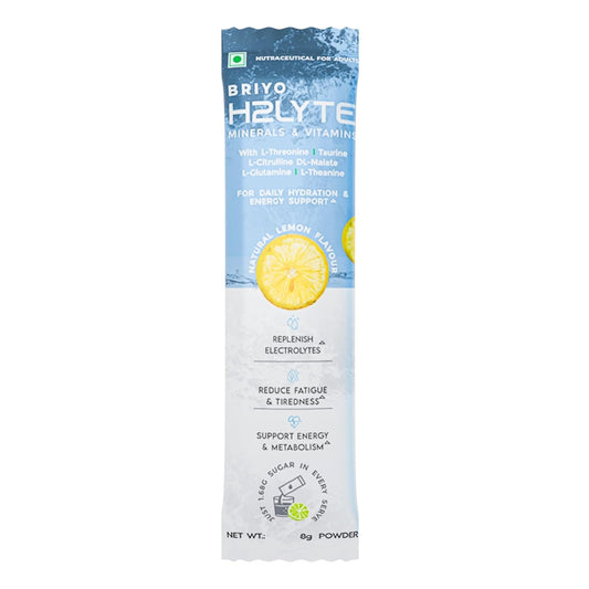 Briyo H2lyte minerals and vitamins package with lemon flavor on a white background