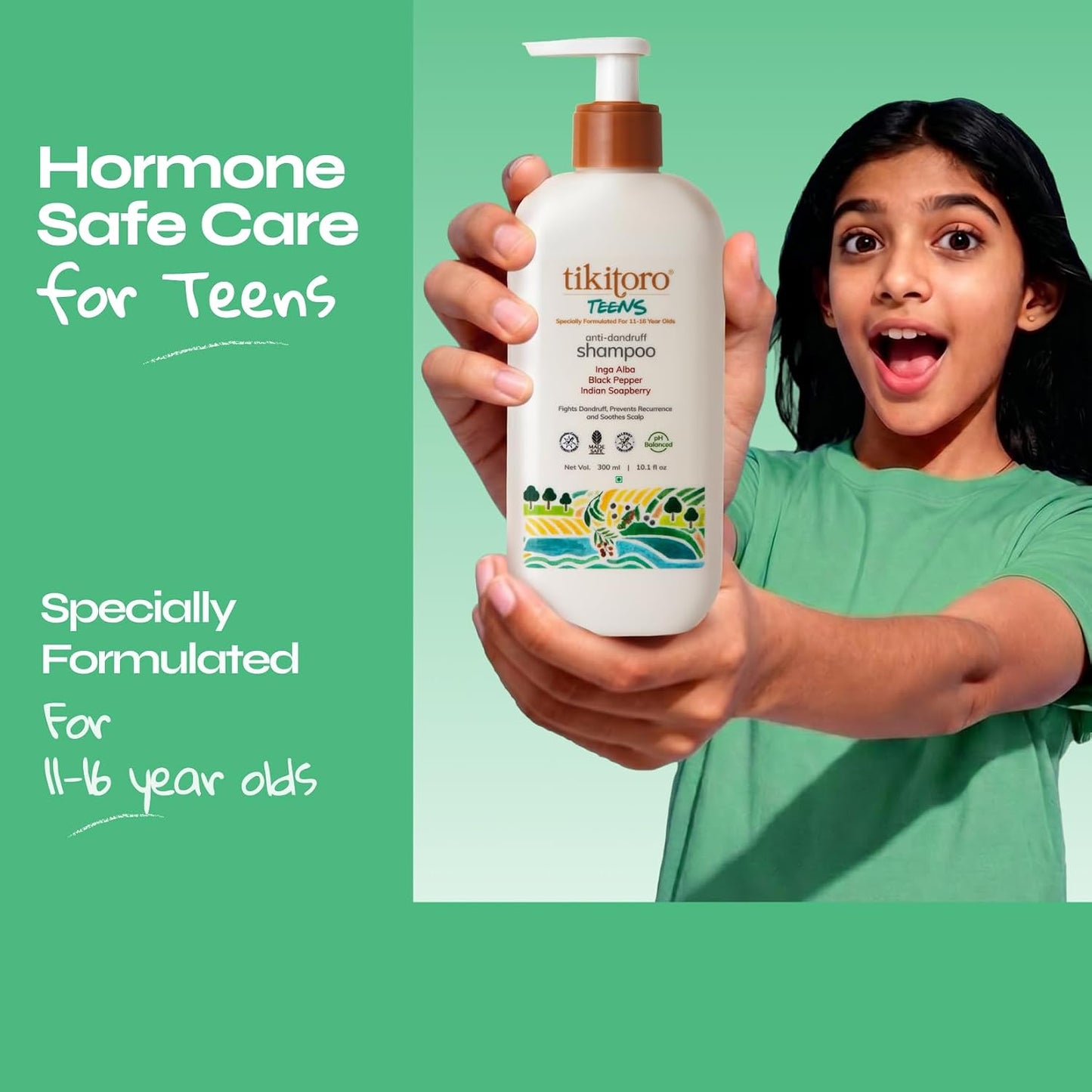 Tikitoro Teens Anti-dandruff Shampoo 100% Vegan with Aloe vera, Provitamin B5, Hibiscus, Rice Protein, Cleanses Scalp, Conditions Hair No Parabens & Sulphates (300ml x 1)
