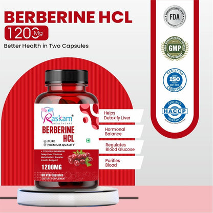 Berberine HCL supplement bottle with packaging and certification logos on a white background