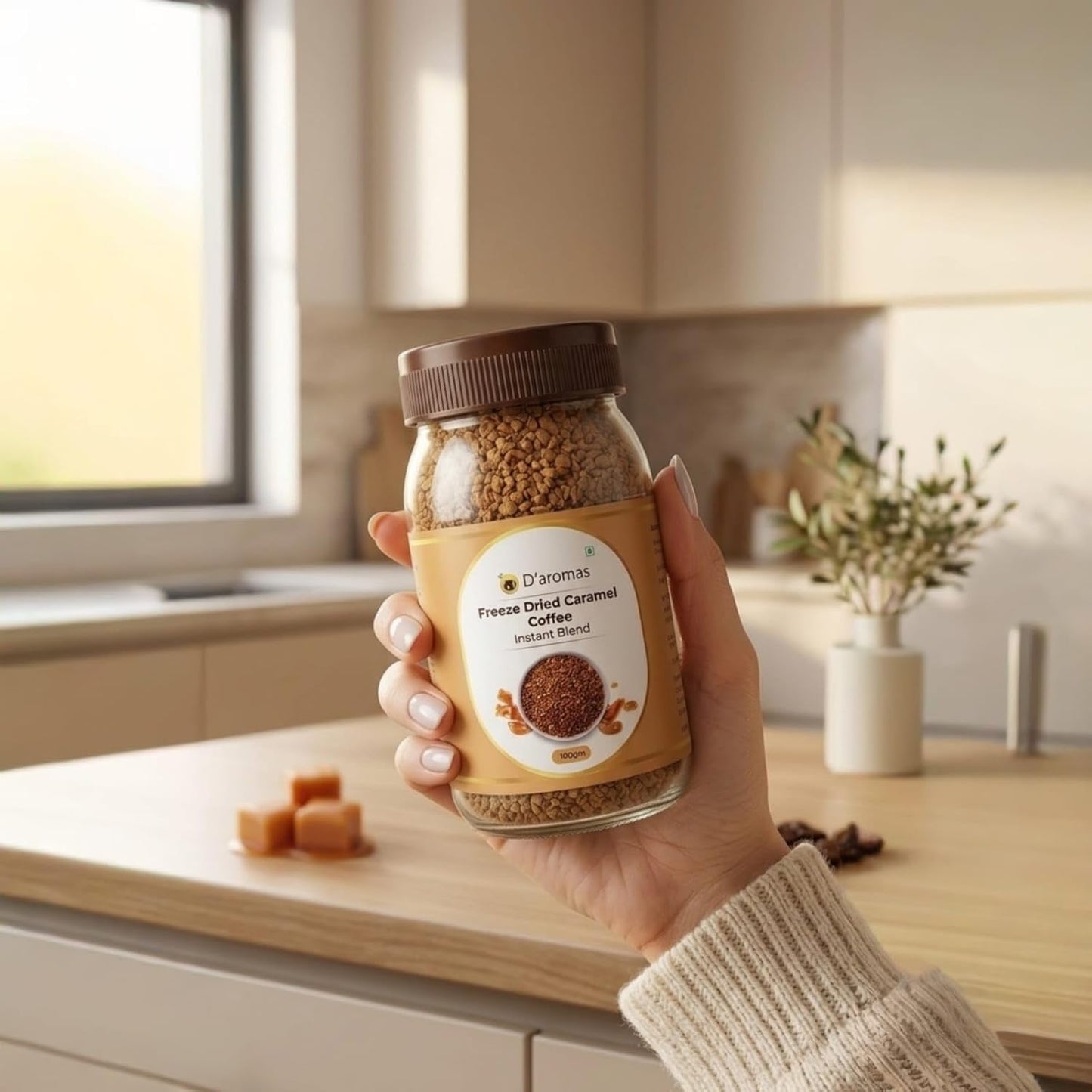 D'aromas Freeze Dried Caramel Coffee 100g | Premium Instant Flavoured Coffee Powder | Rich Aroma Smooth Caramel Taste | Perfect for Hot & Cold Coffee, Latte & Cappuccino