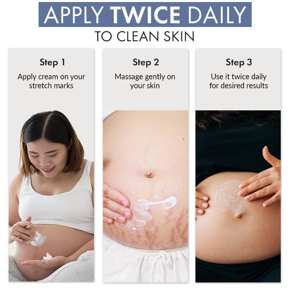 Instructions for applying cream to stretch marks with a pregnant woman and close-up of skin.