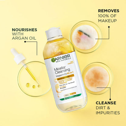 Garnier Micellar Cleansing Water bottle with product usage on a yellow background