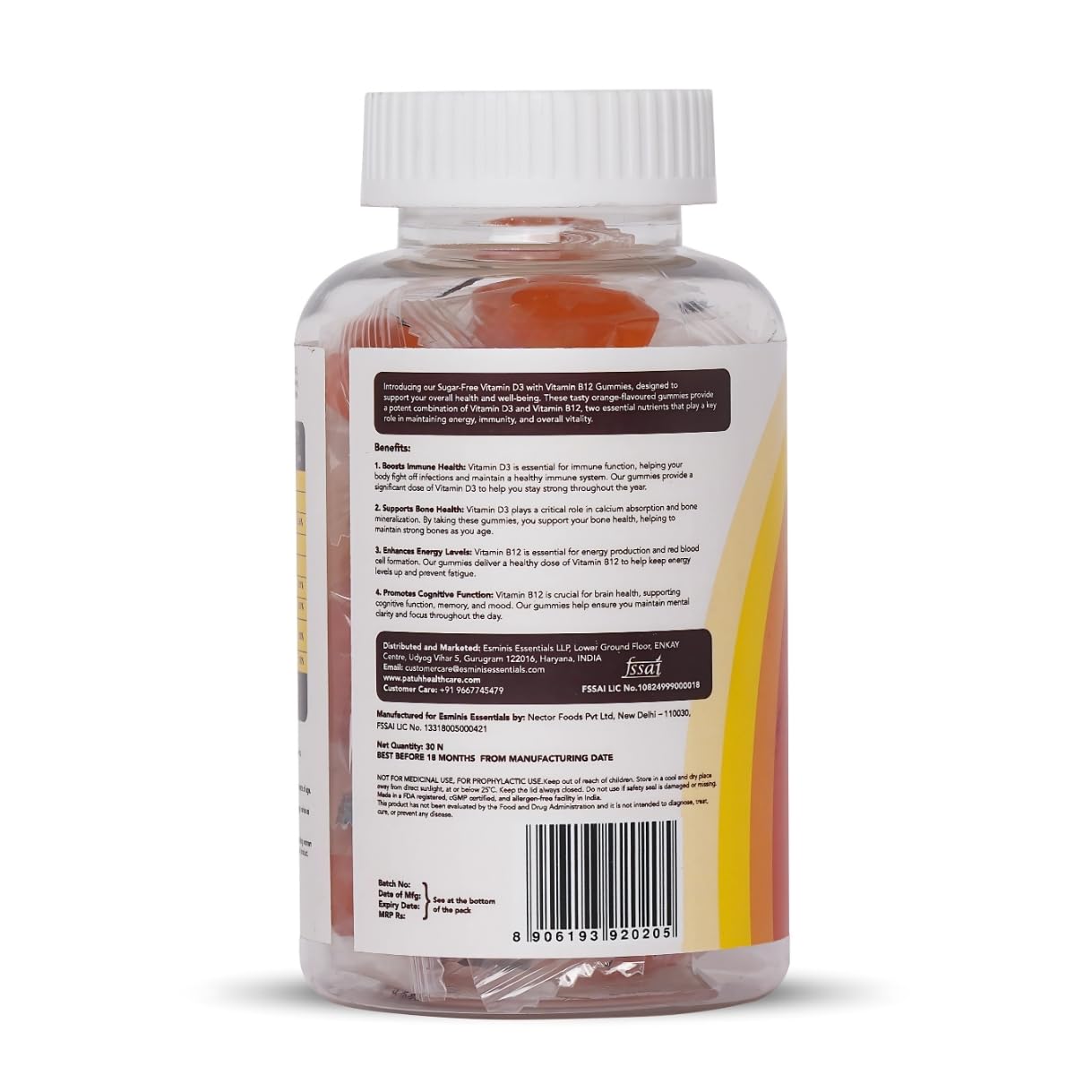 PATUH HEALTHCARE Vitamin D3 & B12 Gummies | 100% Vegetarian Formula | Sugar-Free Energy & Immunity Support Gummies for Men and Women | Orange Flavour Vegan Supplement | Pack of 1
