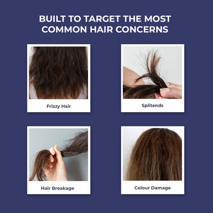 Advertisement for hair care products targeting common hair concerns on a blue background.