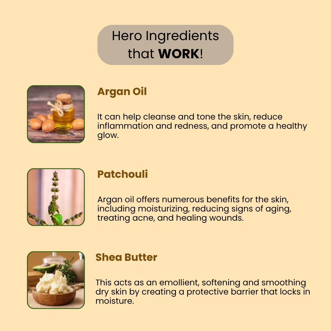 Product packaging with argan oil, patchouli, and shea butter labeled as hero ingredients on a beige background.