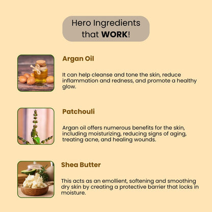 Product packaging with argan oil, patchouli, and shea butter labeled as hero ingredients on a beige background.