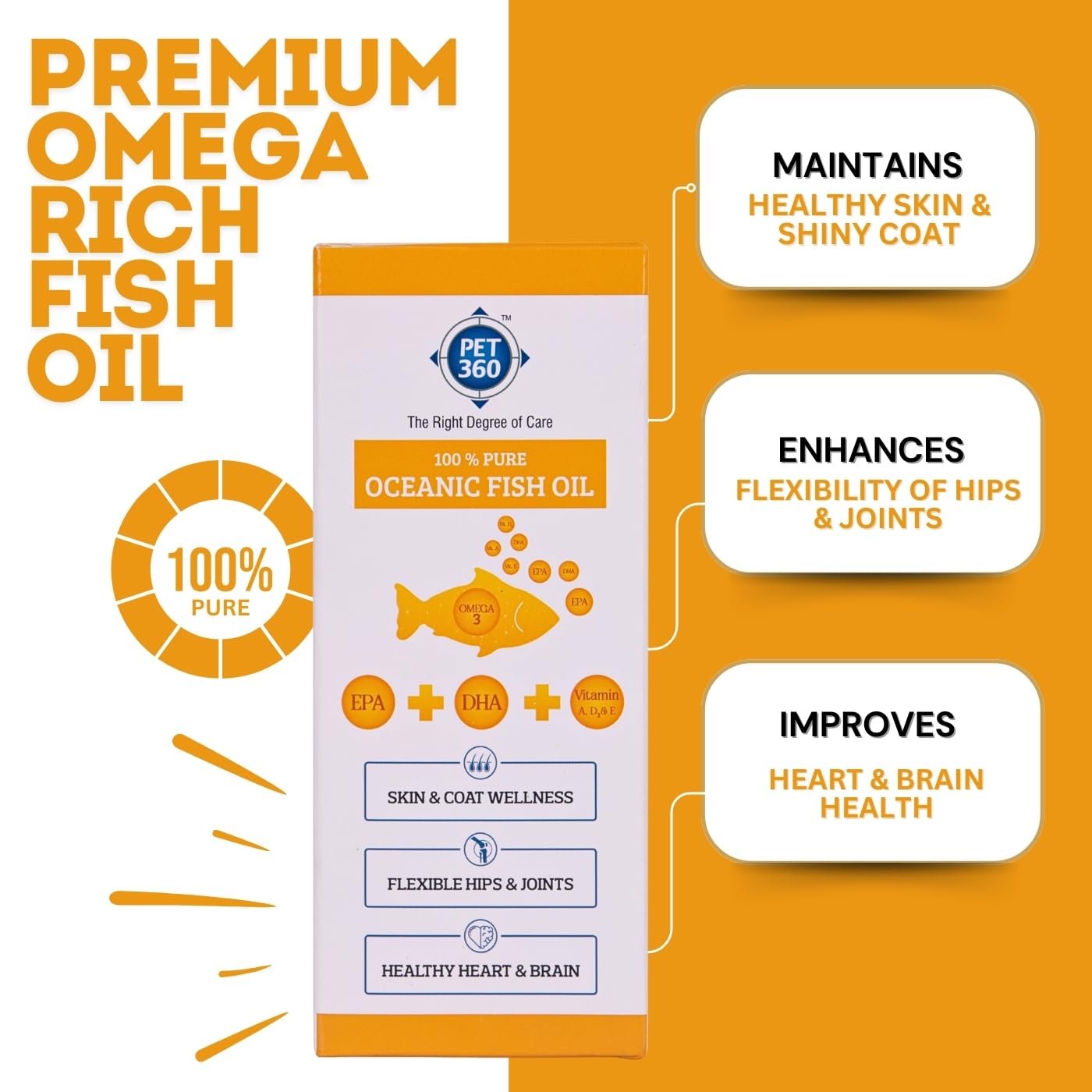 PET360 Oceanic Sardine Fish Oil for Dogs & Cats | Promotes Heart, Brain, Liver & Kidney Health | Reduced Hairfall, Shiny Coat | Omega 3, 6 & Vit. A, D, E| Nutritional Supplement for All Breeds- 200 ml
