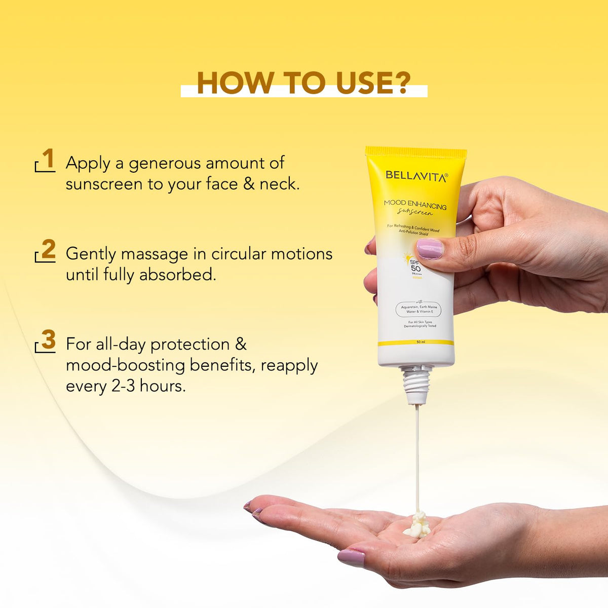 Bellavita sunscreen bottle with application instructions on a yellow background