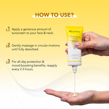 Bellavita sunscreen bottle with application instructions on a yellow background