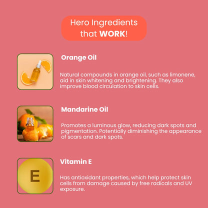 Product packaging with orange oil, mandarin oil, and vitamin E on a pink background
