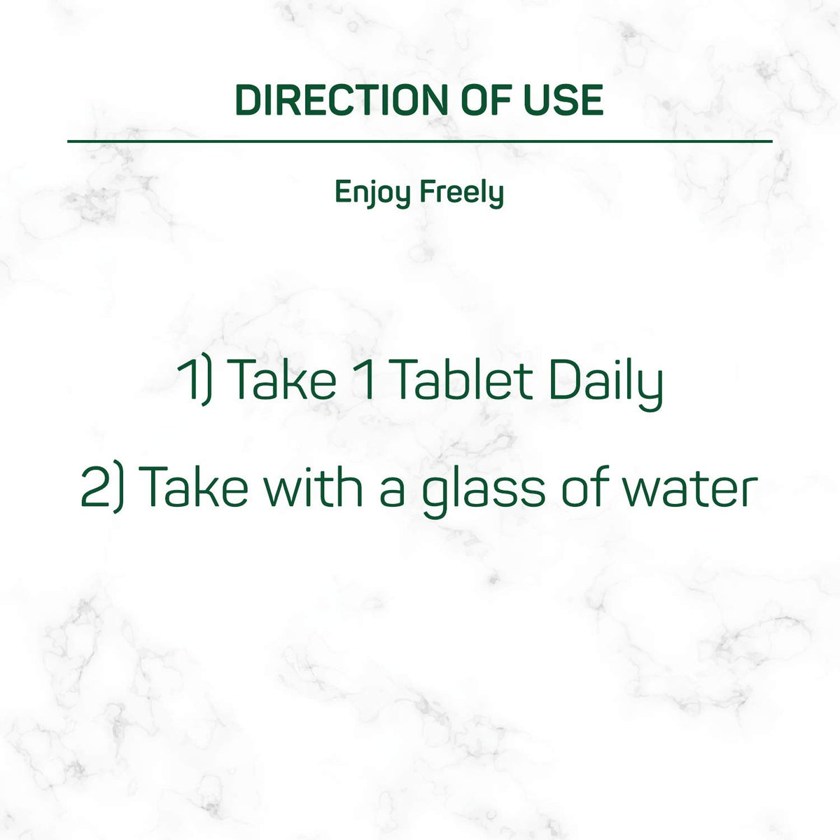 Text on a marble background with directions for use and branding.