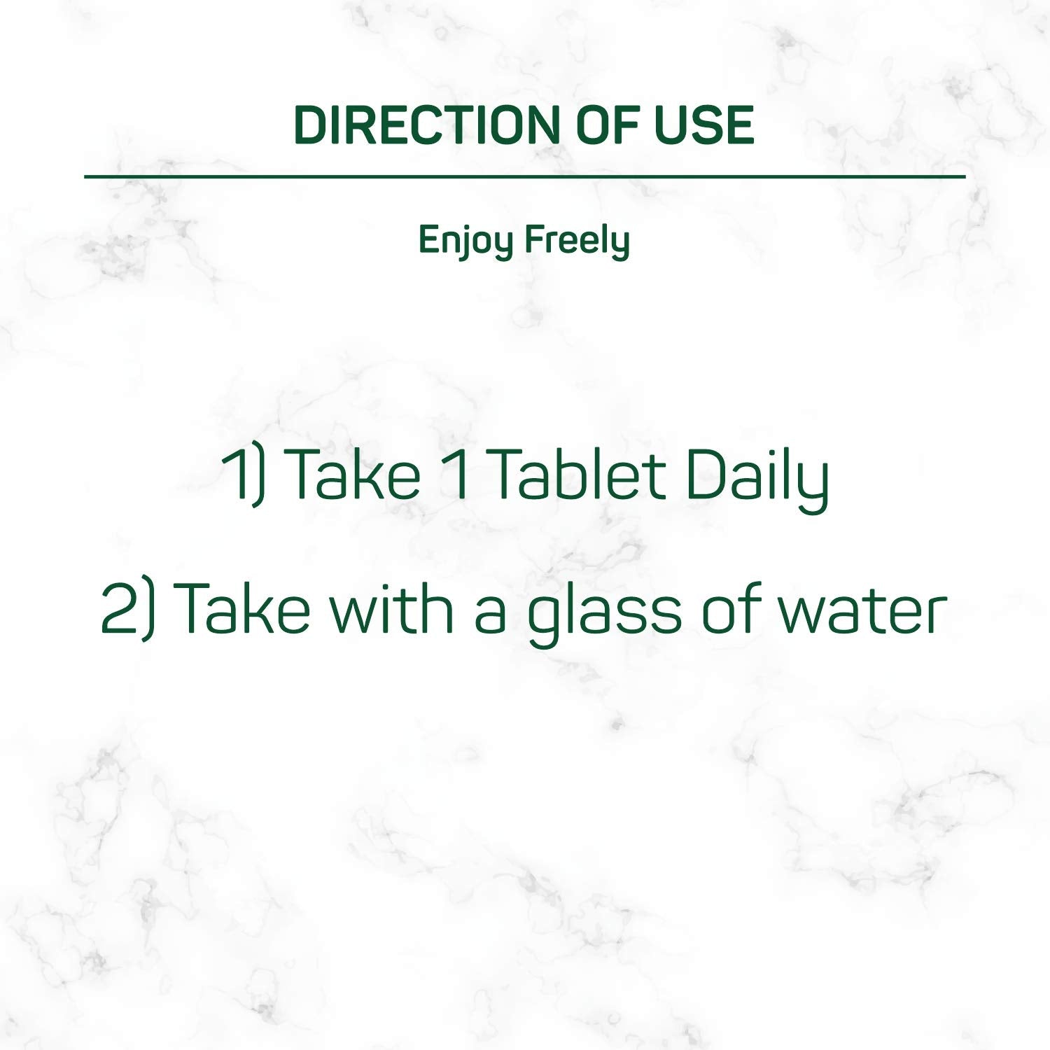 Text on a marble background with directions for use and branding.