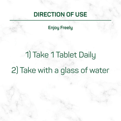 Text on a marble background with directions for use and branding.