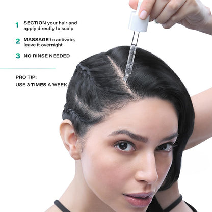Person applying hair treatment to scalp with text instructions on a white background