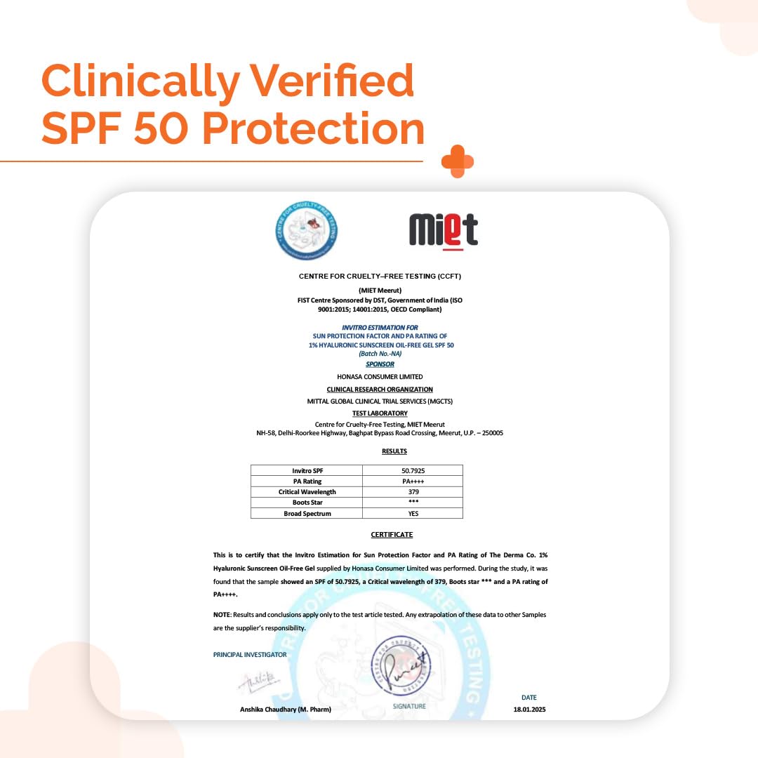 The Derma Co 1% Hyaluronic Sunscreen Oil-Free Matte Gel SPF 50 PA++++ | For Oily, Acne-Prone Skin | Lightweight Texture | No White Cast | Broad Spectrum Protection & Blue Light Protection | Non- Comedogenic 50g