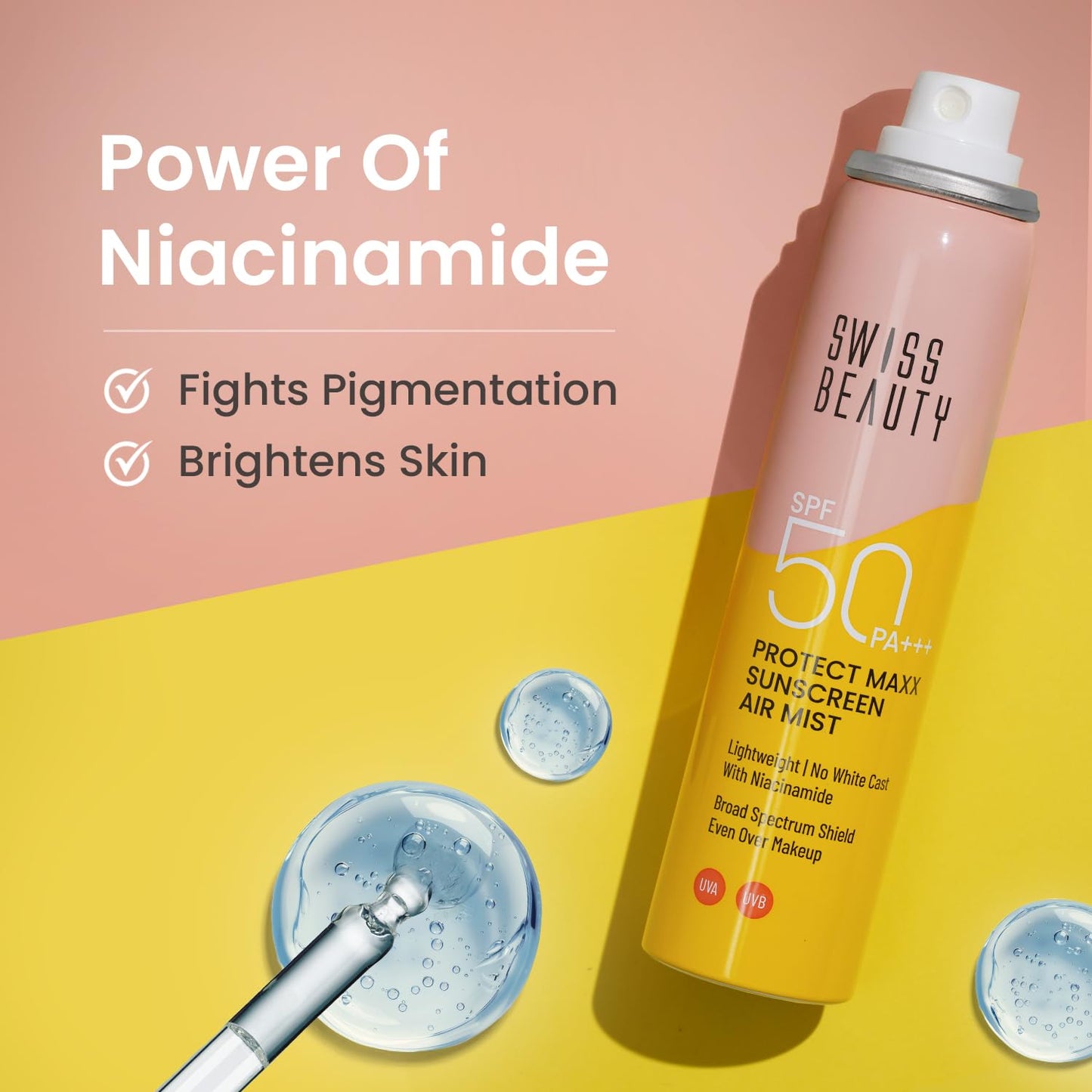 SWISS BEAUTY Protect Maxx Sunscreen Air Mist | SPF 50 PA+++ | With Niacinamide | UVA+UVB Protection For All Skin Type | Even Over Makeup | For Face & Body | 80ml