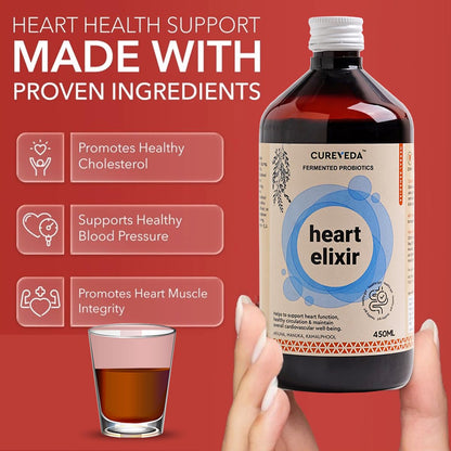 Cureveda Heart Elixir bottle with a glass of the elixir on a red background