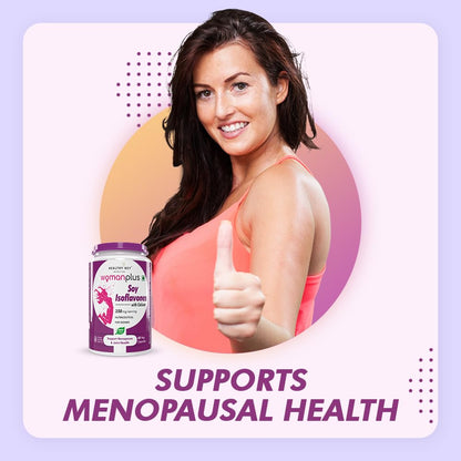 Woman giving a thumbs up with a supplement bottle labeled 'womanplus' on a light purple background