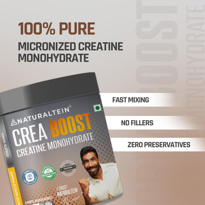 NATURALTEIN Crea Boost creatine monohydrate packaging with text highlighting features on a gradient background.