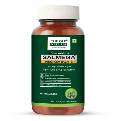 The Old Natural Salmega Veg Omega 3 Algal Oil Capsules – 1600mg Marine Algae Omega (450mg EPA & 150mg DHA) | Plant Based Omega 3 Supplement | Vegetarian DHA for Heart, Brain, Joint & Immunity Support | 60 Veg Capsules