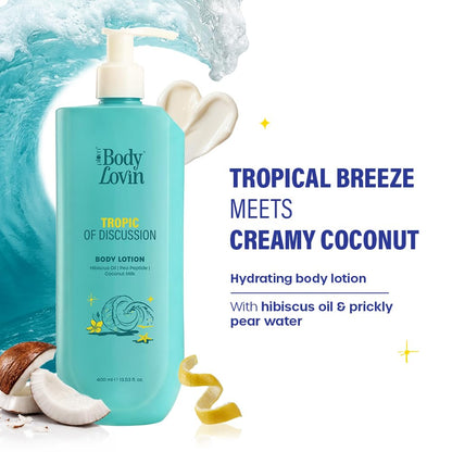 Plum BodyLovin’ Tropic Of Discussion Body Lotion | Firming & Tightening Body Lotion | Lightweight Hydration | Hibiscus Oil, Pea Peptide & Coconut Milk | Fresh Tropical Fragrance | 400 ml