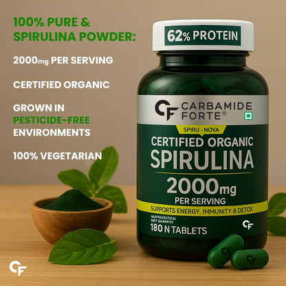 Carbamide Forte 100% Organic Spirulina Tablets 2000 mg Per Serving - Spirulina Powder Organic Tablets | Supports Energy, Immunity & Detox | Certified Spirulina Tablet - 180 Tablets