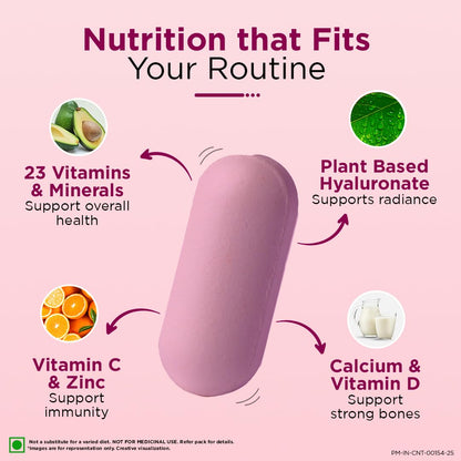 Pink supplement capsule with nutritional benefits on a pink background