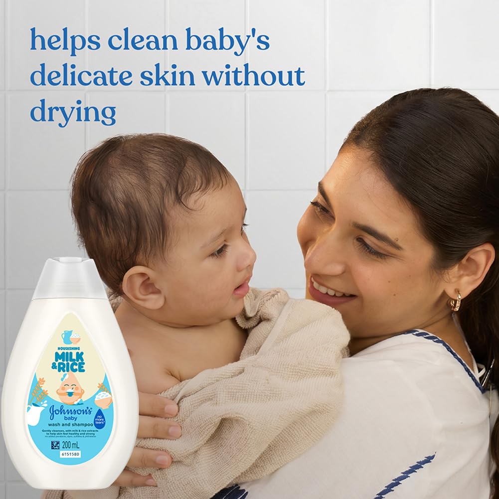 Johnson's Baby Milk & Rice Wash & Shampoo 200ml | 2-in-1 Baby Cleanser | No More Tears | With Milk Protein, Rice Extracts & Multivitamins | Hypoallergenic, pH Balanced | No Parabens, Sulphates or Dyes