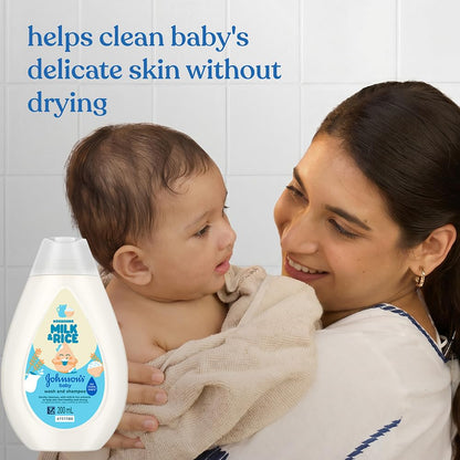 Johnson's Baby Milk & Rice Wash & Shampoo 200ml | 2-in-1 Baby Cleanser | No More Tears | With Milk Protein, Rice Extracts & Multivitamins | Hypoallergenic, pH Balanced | No Parabens, Sulphates or Dyes