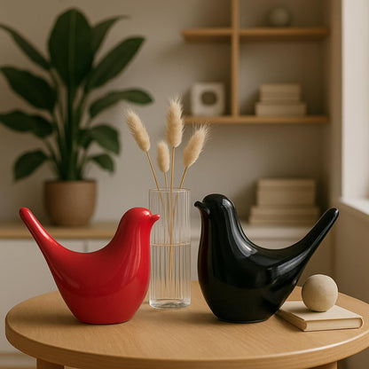 Creative Black and Red Glossy Ceramic Birds Figurines Home Decorations Accessories Party (Pack of 2, Black and Red)