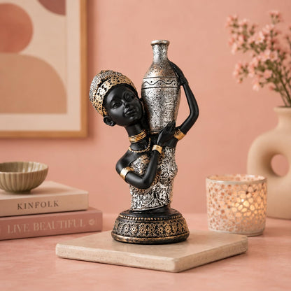 Beautiful African Lady with Pot for Table Décor | Home Décor (Pack of 1, Black,Silver & Golden)