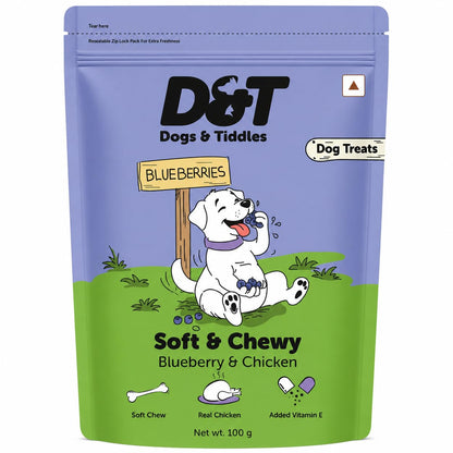 Dogs & Tiddles Blueberry & Real Chicken Dog Treats for Puppies & Adult Dogs, 100g | Soft & Chewy Puppy Treats | Easily Digestible and Healthy|Tasty Training Treats and Dog Snacks