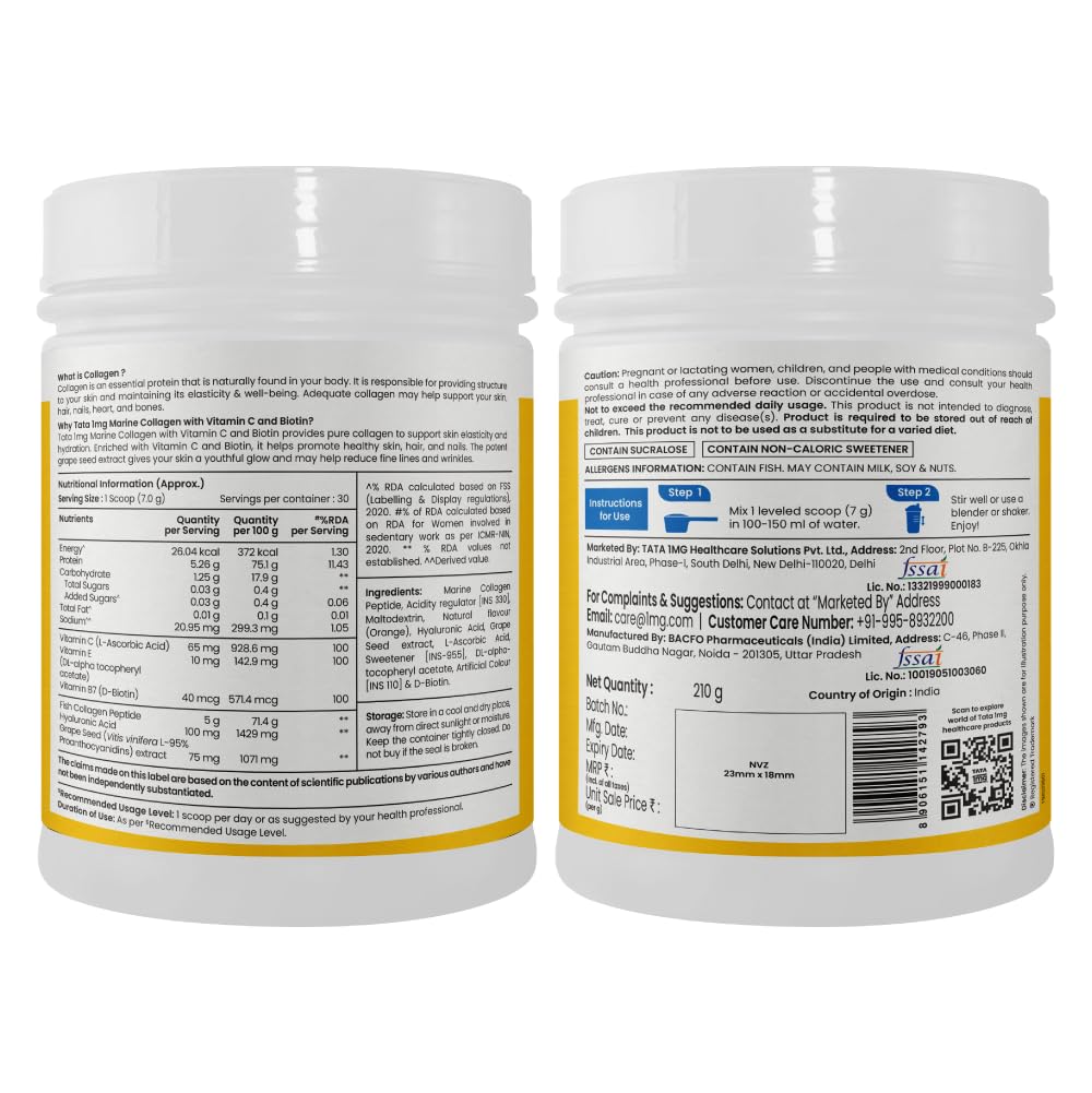 TATA 1mg Marine Collagen Powder | Fortified with Grape Seed Extract for Enhanced Results | Supports Skin, Hair & Nails | With Collagen Peptide for Hydration & Strength | Orange Flavour, 210g