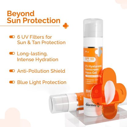 The Derma Co 1% Hyaluronic Sunscreen Aqua Gel SPF 50 PA++++ | Hyaluronic Acid for Deep, Long Lasting Hydration | Ultra Lightweight Texture I Non-Greasy, No White Cast | Broad Spectrum Protection & Blue Light Protection| 50 g