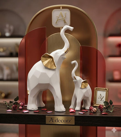 Decorative Elephant Figurines, Resin, 20 cm Height, Set of 2, Standing Statues Geometric Showpiece for Home Decor | Housewarming Gift (White Elephant)