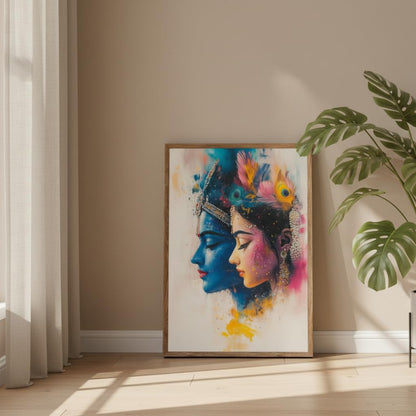 Radha Krishna Modern Art Wall Painting with Wooden Frame | Spiritual Love Artwork HD UV Laminated MDF Wall Decor | Hindu God Radha Krishna Portrait for Living Room Bedroom Decor