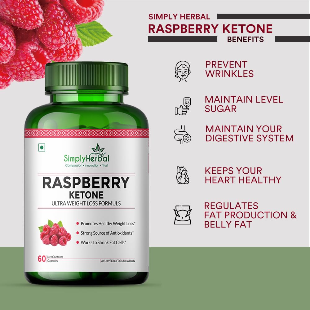 Simply Herbal 800 MG Raspberry Ketone Fruit Extract for Weight Management | Supplement Capsules With Raspberry for Promotes Healthy Weight Management Support Appetite Suppression – 60 Capsules