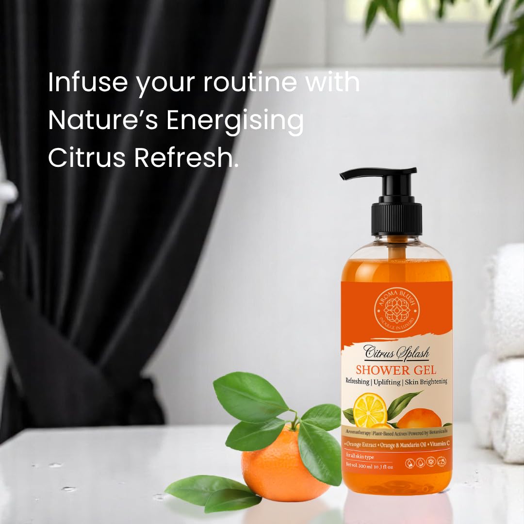 Shower gel bottle with citrus elements on a white surface
