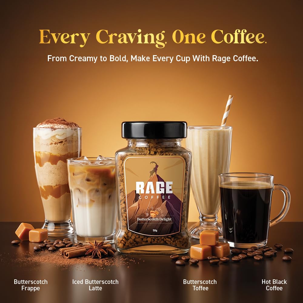 Rage Coffee Butterscotch Delight Flavour - Premium Arabica Instant Coffee (Make Delicious Hot/Cold Coffee) | (Butterscotch Delight, 50g)