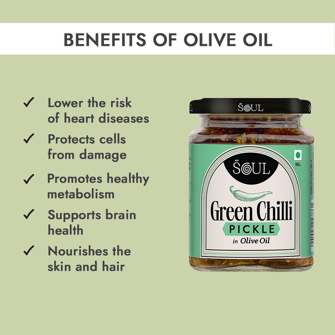 ADF Soul’s Spicy green chillies pickled in 100% Olive Oil with bold, tangy and traditional Indian spices | 265g