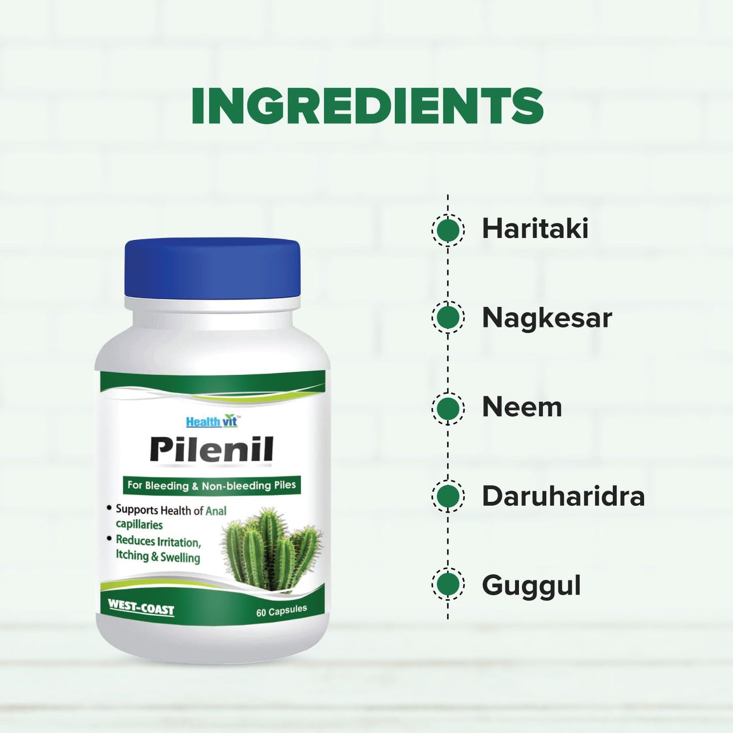 Healthvit Pilenil supplement bottle with ingredients listed on a white background
