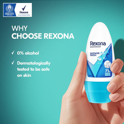 Rexona Shower Fresh Underarm Roll On Deodorant For Women, Antiperspirant, Removes Odour, Keeps Skin Fresh & Clean, Alcohol Free, Skin Friendly, 50 ml