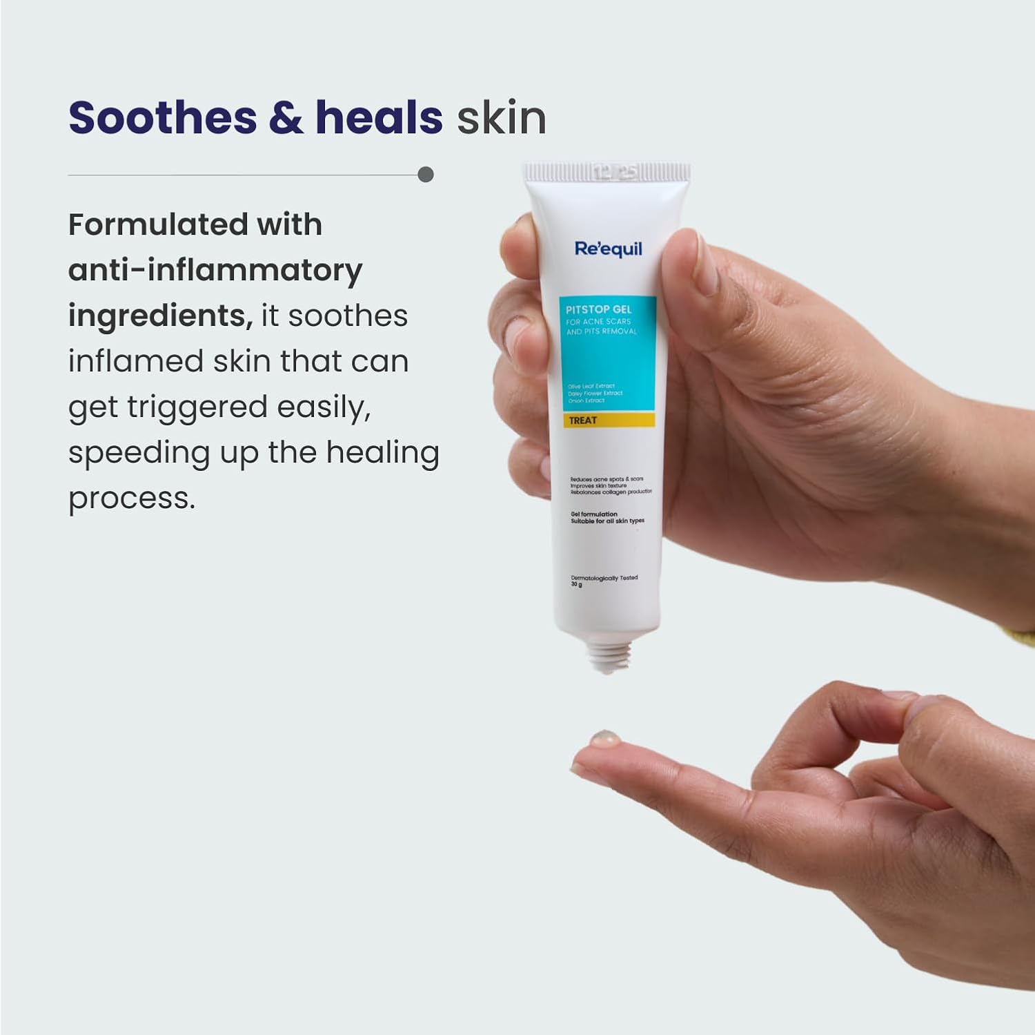 Hand holding a tube of Re'equil cream with text about soothing and healing skin.