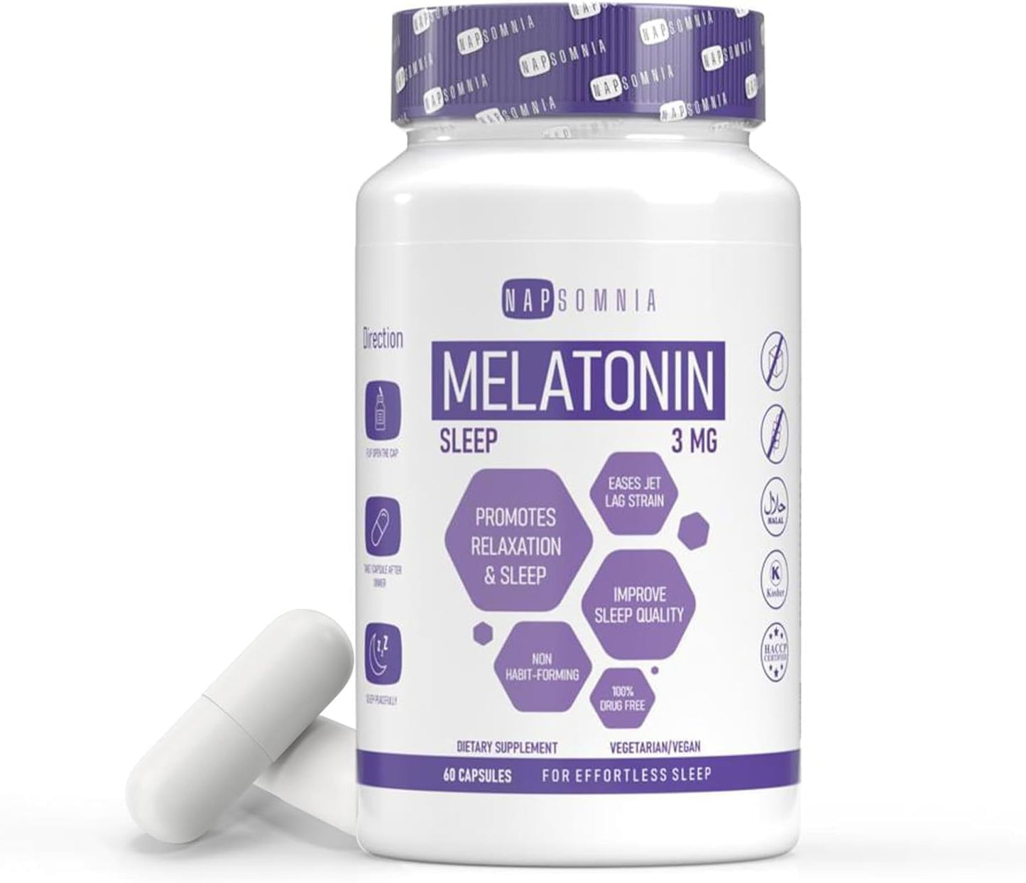 NAPSOMNIA Melatonin for Sleeping for Men & Women - Sleep Melatonin -Valerian Root Extract - Vegetarian 3mg Melatonin 60 Capsules - Sleep Aid for Adults - Deep Sleep Supplements to Ease Jet Lag Strain