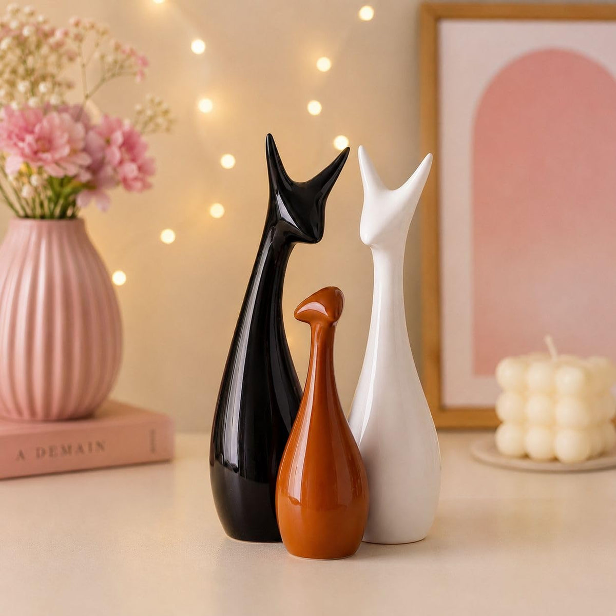 Home Decor Lucky Deer Statue Family Ceramic Figures - (Set of 3, Black,Brown,White)