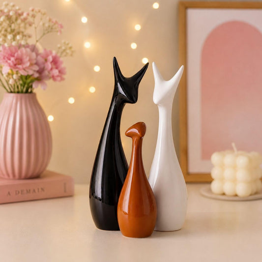Home Decor Lucky Deer Statue Family Ceramic Figures - (Set of 3, Black,Brown,White)