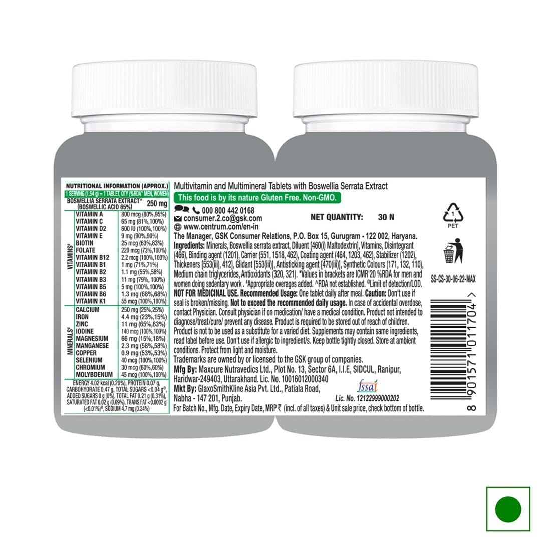 Two supplement bottles with a detailed label on a white background